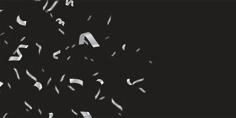 High-Resolution Silver Celebration Elements Cascading Over a Black Background. Elegant silver confetti and streamers fall gracefully in a seamless,