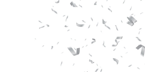 Realistic Silver Confetti and Streamers in Seamless Transparent Pattern for Elegant Celebrations. Elegant silver confetti and streamers fall gracefully in a seamless, 