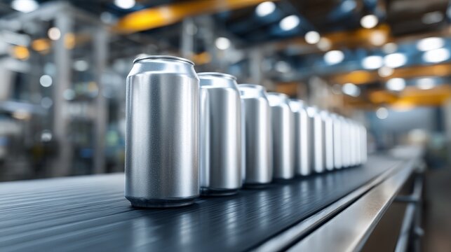 Unprinted silver aluminum energy drink cans on conveyor belt in a Factory 
