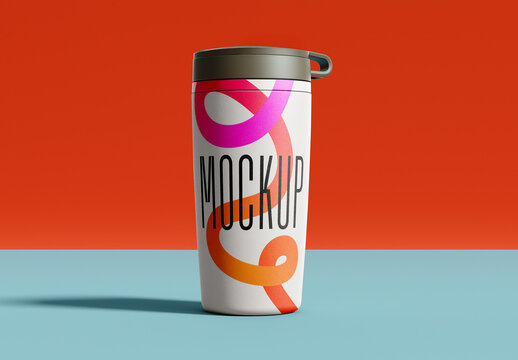 Travel Mug Mockup &ndash; Realistic PSD Template for Coffee Cup Branding, Reusable Beverage Packaging, or Hot Drink Presentation in a Clean Front-Facing Scene