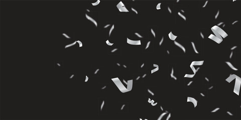 High-Resolution Silver Celebration Elements Cascading Over a Black Background. Elegant silver confetti and streamers fall gracefully in a seamless,