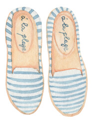 Watercolor women’s ballet flats illustration with blue and white stripes. Perfect for fashion designs, packaging, postcards, textile prints, and digital projects.