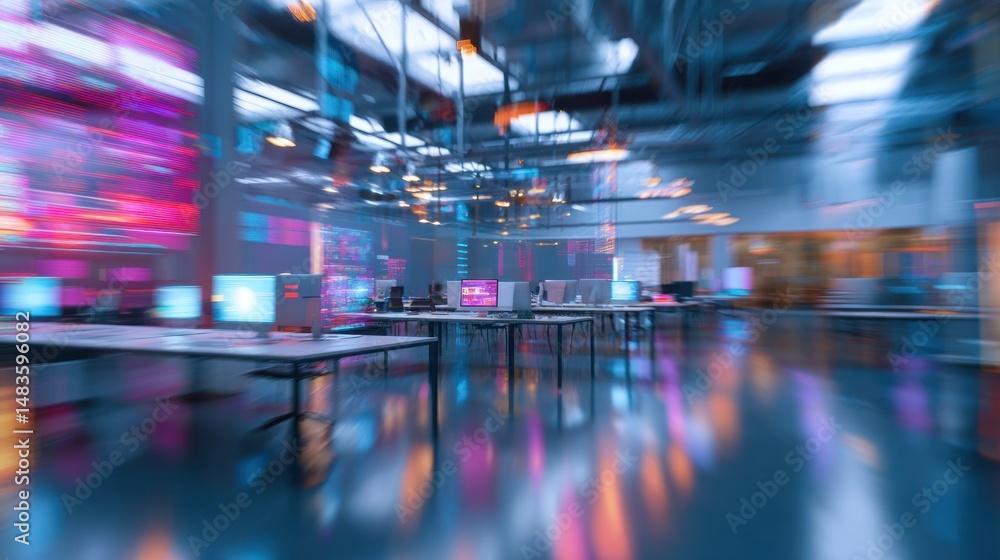 Poster futuristic tech hub: a glimpse into a high-tech workspace