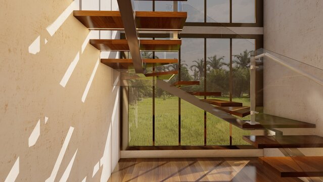 Floating Duplex Stair Design in Luxury Home-Architectural Visualization with Natural Light