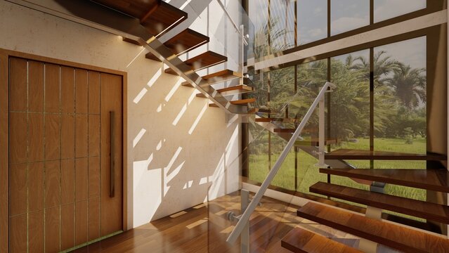 Floating Duplex Stair Design in Luxury Home-Architectural Visualization with Natural Light