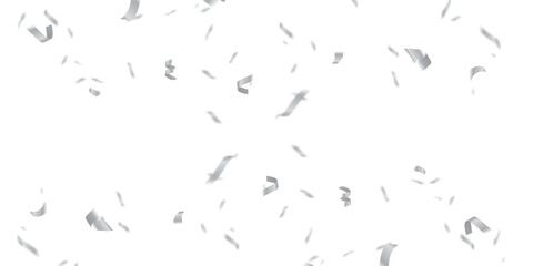 Realistic Silver Confetti and Streamers in Seamless Transparent Pattern for Elegant Celebrations. Elegant silver confetti and streamers fall gracefully in a seamless, 