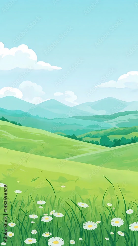 Poster 緑の丘と白いデイジーが咲く野原の穏やかな風景 ピクセルアートスタイル 山と青空が背景 イラストレーション