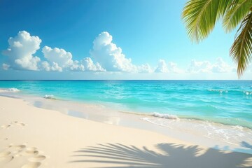 Obraz premium Serene beach background, perfect for travel or vacation themed projects Soft sand, calm ocean, clear sky , foam, summer