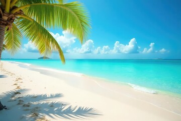 Obraz premium Sun-drenched beach scene with turquoise water and white sand, perfect summer vacation vibes , turquoise, travel destination