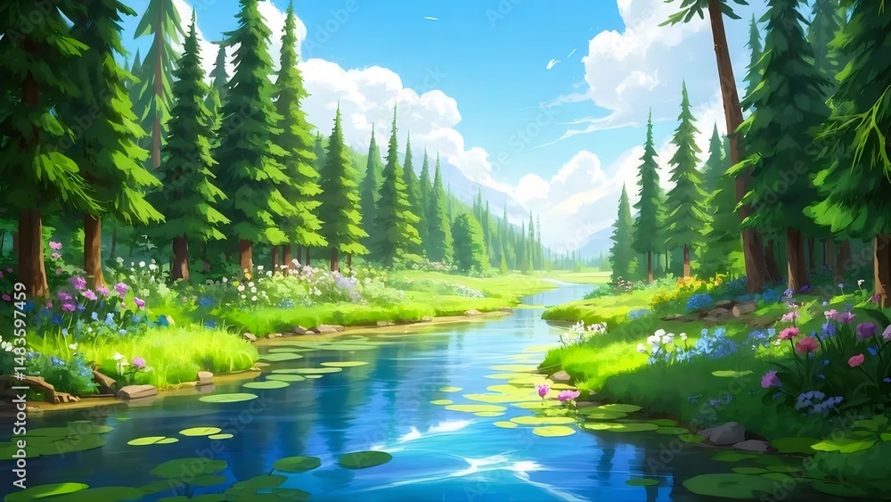 Poster 緑豊かな森林と澄んだ流れのある穏やかな風景 青い空と白い雲が広がる夏の日の鮮やかな自然の風景と心地よい静けさを表現