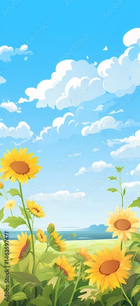 Poster ピクセルアート様式による青空と白い雲の下の緑のフィールドの明るい黄色いヒマワリ畑のパノラマの風景