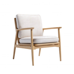 An elegant light wood frame armchair with soft white cushioning presents a clean aesthetic on a stark white background creating a sense of minimalist sophistication.