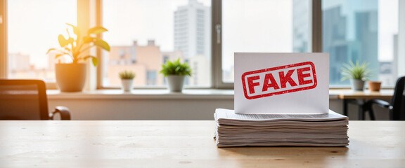 Stack of newspapers with "FAKE" stamp in urban office, media manipulation