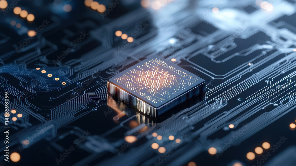 Poster close up view of microchip on circuit board, showcasing intricate details and glowing lights, repres