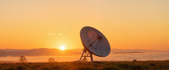 Solitary satellite dish amidst dawn light in rural field, communication failure