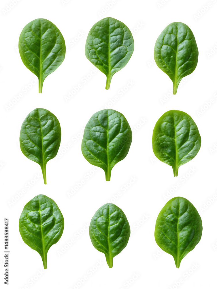 Aufkleber nine fresh green spinach leaves are neatly arranged in a three by three grid pattern against a clean