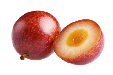 Juicy Plum: A close-up of a ripe plum and its halved counterpart, revealing its vibrant juicy interior, perfect for illustrating health and freshness.