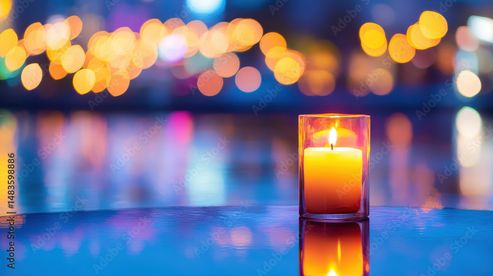 Poster glowing candle illuminates serene setting, surrounded by colorful bokeh lights, creating warm and in