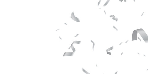 High-Resolution Silver Confetti and Curling Ribbons in a Seamless Transparent Design. Elegant silver confetti and streamers fall gracefully in a seamless,
