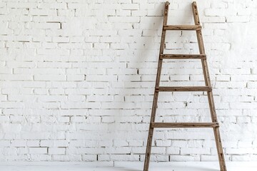 wooden stairs leaning against the wall of a white room