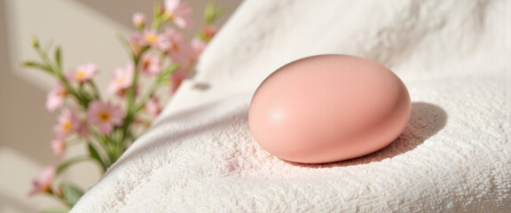 Soft pink egg on textured linen towel, minimalist wellness concept