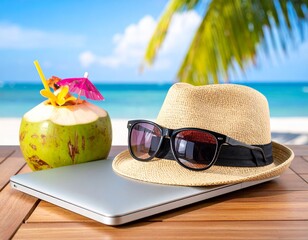 A beach hat and sunglasses on a closed laptop next to a coconut drink &ndash; Remote Work & Digital Nomads
