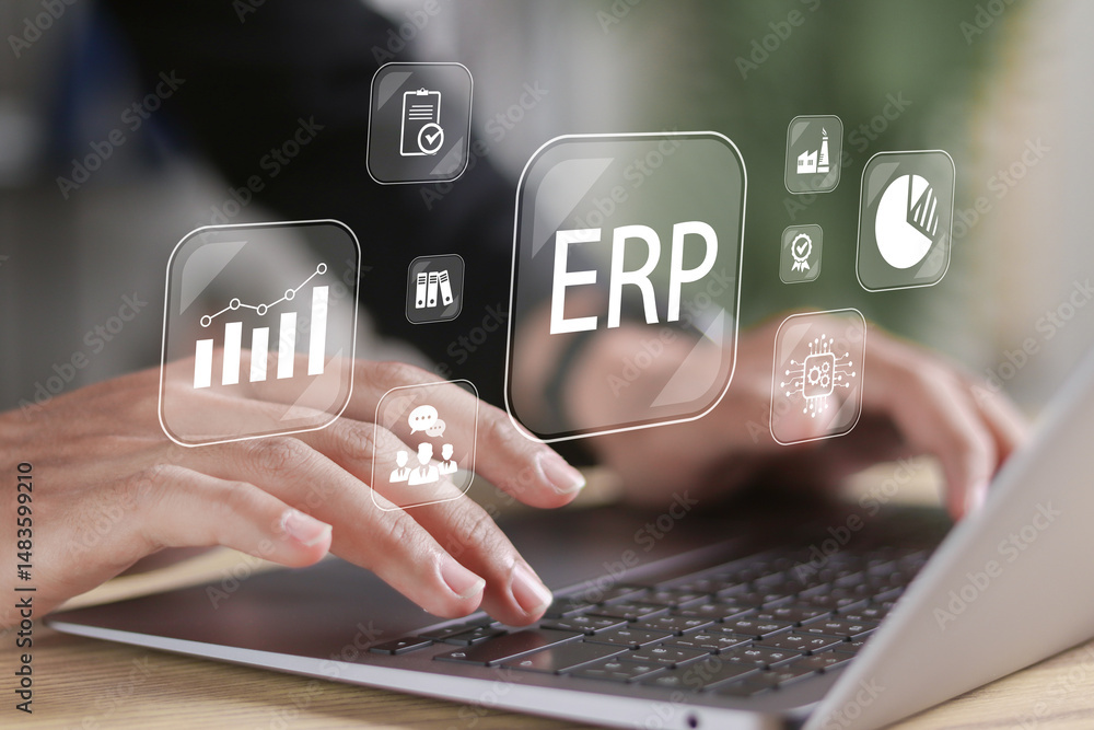 Aufkleber erp enterprise resource planning software system concept. company management resources and corporate