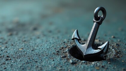 A metallic anchor firmly embedded in a concrete surface, symbolizing stability and strength , graphic, material, illustration