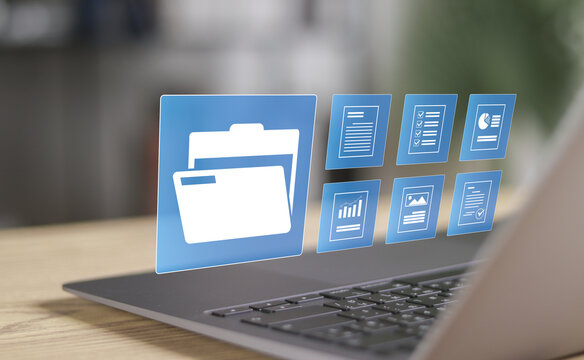 Document management system technology concept. File storage process and store files document data digital.