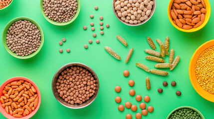Pet food products arranged in colorful bowls on green background create vibrant display of various shapes and textures