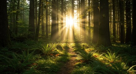 Obraz premium Sunbeams Through Ancient Forest