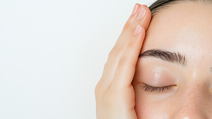 Serene woman gently touching her face, showcasing healthy skin and natural beauty. soft lighting...