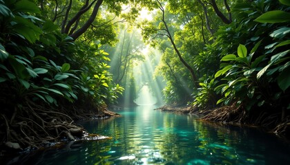 Obraz premium Lush green jungle with serene water and sunlight.