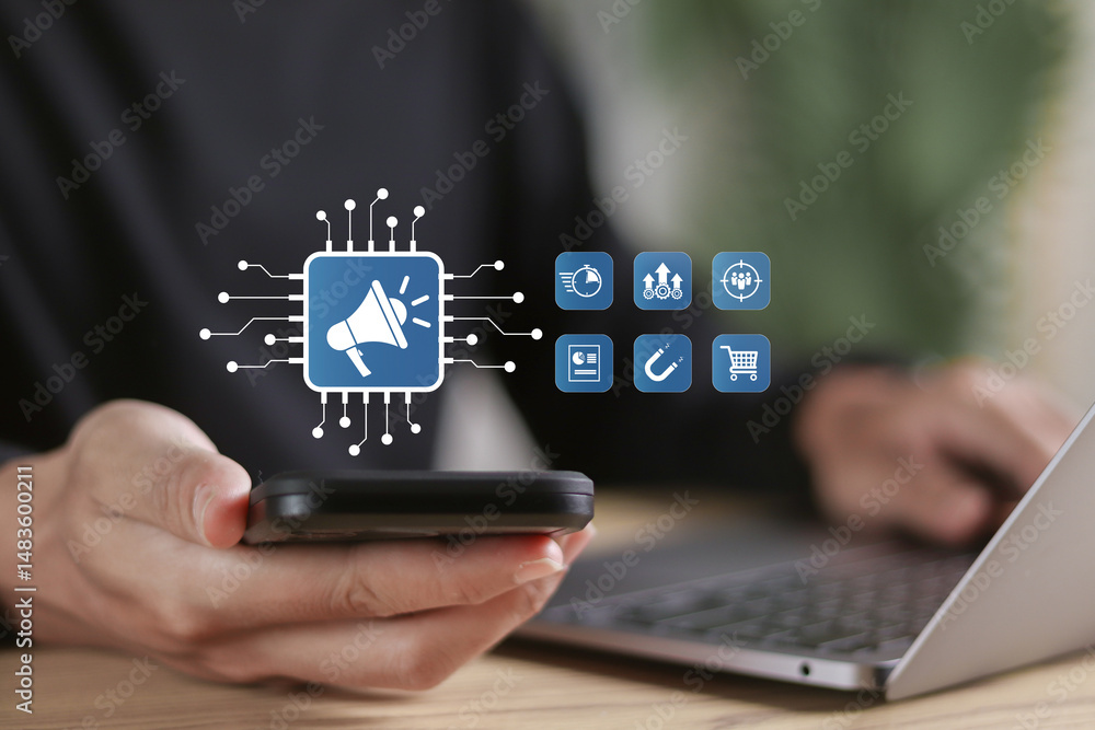 Poster marketing automation concept. person with marketing automation icon on virtual screen for digital ma