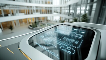 Modern office building interior view through a futuristic display panel.  Interactive floor plan and building data overlaid on a transparent screen