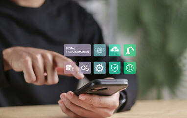 Digital transformation technology concept. Ai technology strategy, IoT, Internet of things and artificial Intelligence. Person use smartphone with digital transformation icons.