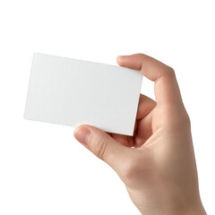 Obraz premium Hand displaying a blank white business card against a pristine white backdrop, providing ample space for custom text and creative design applications here now.