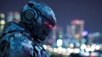 Cyberpunk City Sentinel: A Futuristic Robot at Night