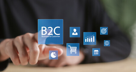 B2C, Business to customer marketing strategy concept. Business strategy, communication, feedback, online marketing and E-commerce marketing strategy.