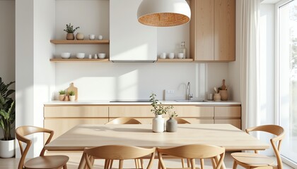 Modern kitchen with wooden furniture and decor.