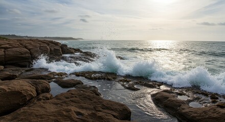 Ocean Waves Crashing on Rocky Coastline