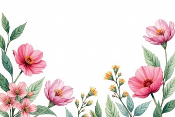 Delicate watercolor leaves and flowers on white , traditional, plant, classic