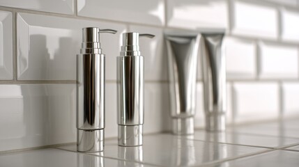 Modern, sleek, metallic skincare containers on a white tiled surface