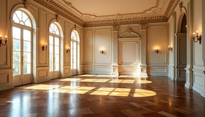 Elegant ballroom, polished parquet floor, arched windows, grand, setting, luxury