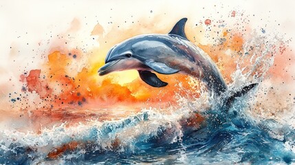 Dolphin leaping in sunset ocean splash