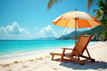 Fototapeta premium Relaxing umbrella beach chair on sandy beach, sunny day , umbrella, seaside