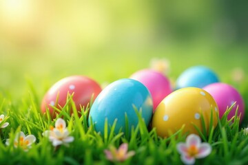 Fototapeta premium Colorful Easter eggs hidden in spring grass, vibrant pastel shades , decoration, candy