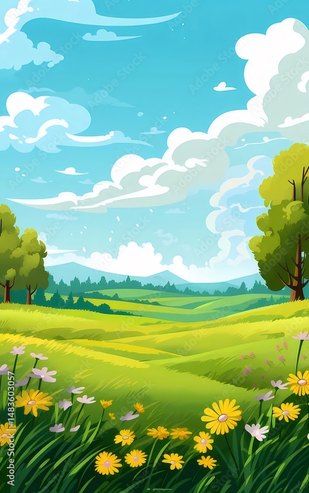 Aufkleber 明るい青空の下の緑豊かな草原と黄色の花々が咲く風景