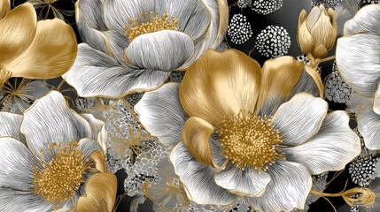 Floral print with gold accents.  Delicate white and grey flowers, with gold detailing