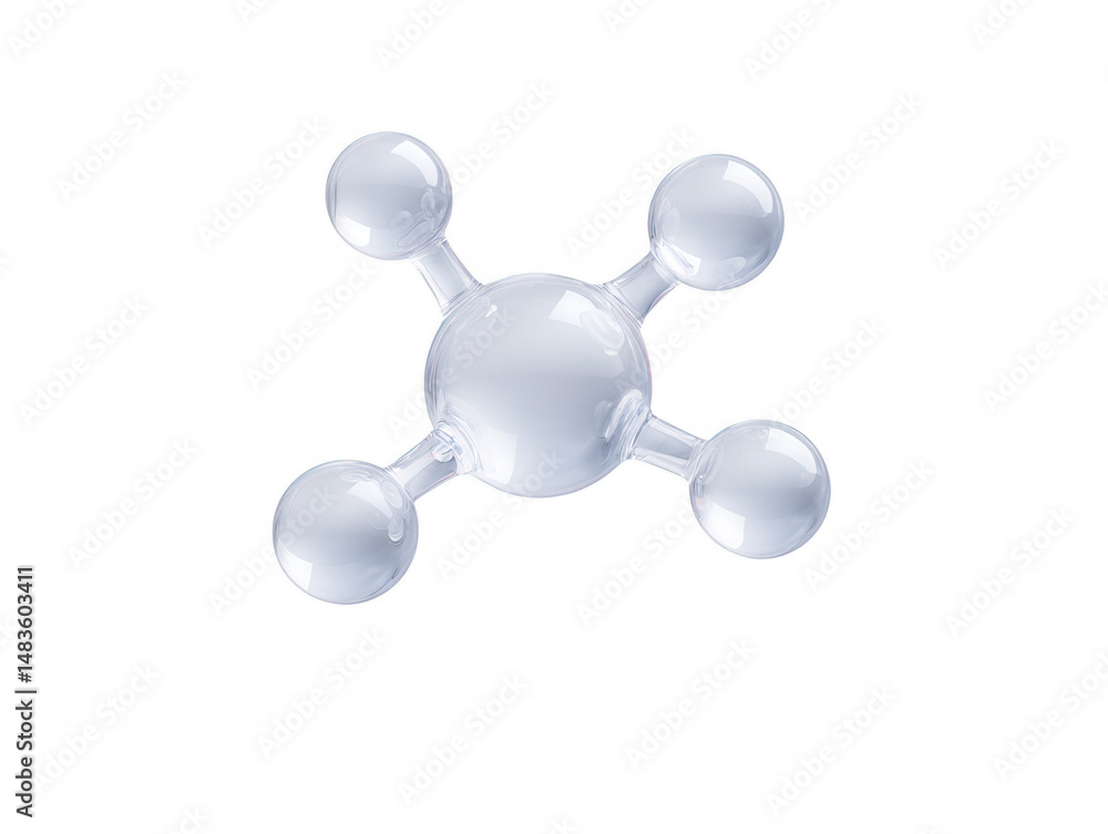Poster a transparent molecular structure with interconnected spheres radiates from a central point, casting